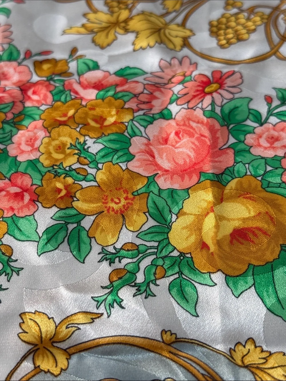 BASILE Silk Floral Garden Square Scarf in Gold, Pink Green & Blue made in Italy
